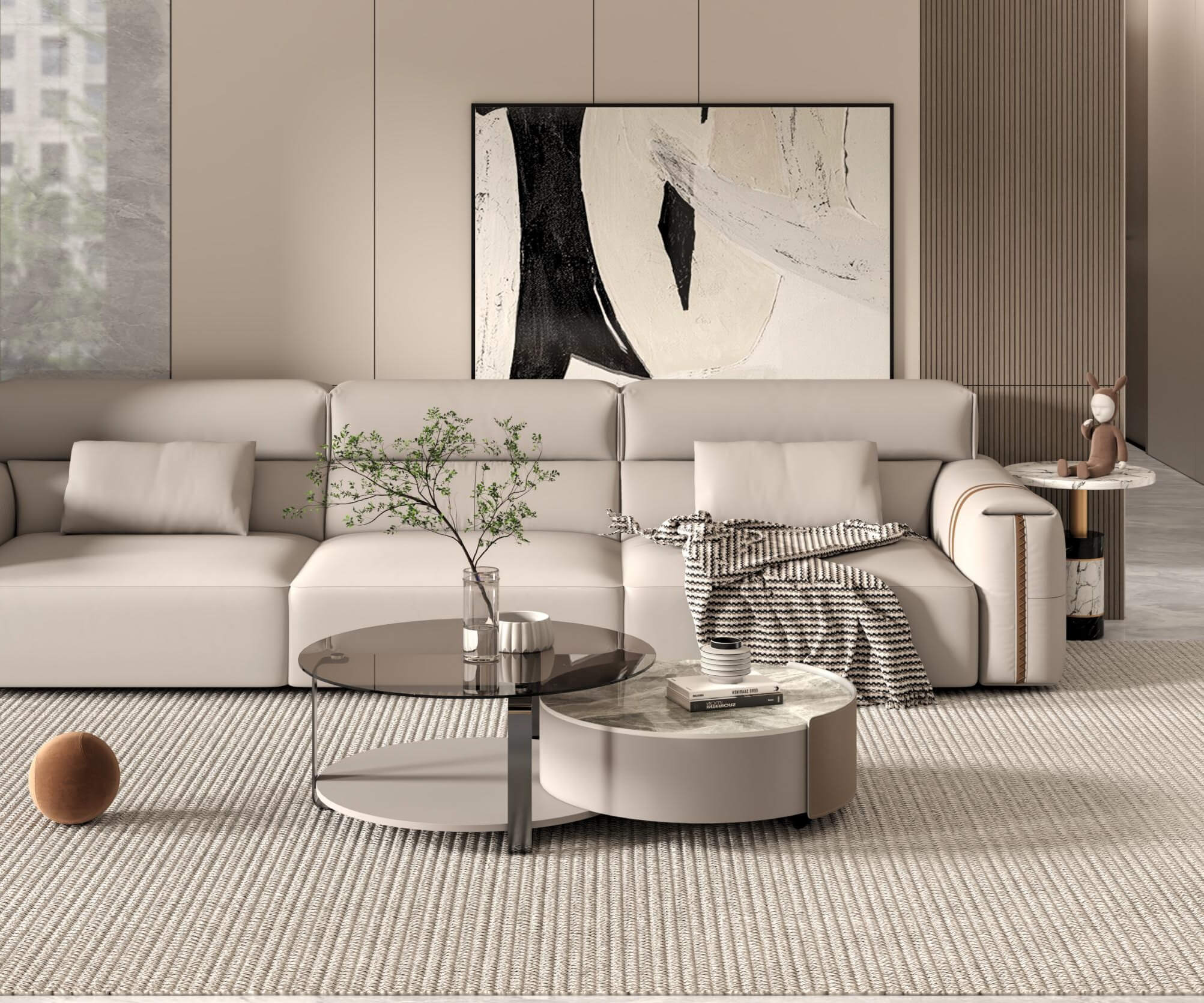 雙圓玻璃岩板伸縮茶几