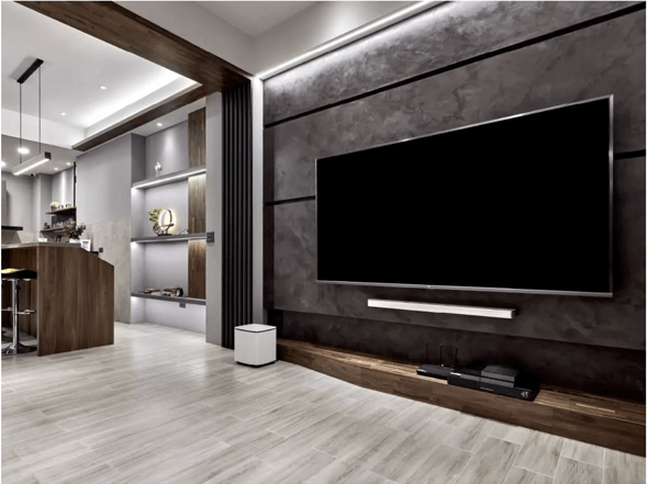 ▲將系統櫃與木作相互結合，呈現奢雅大器的豪邸風範。